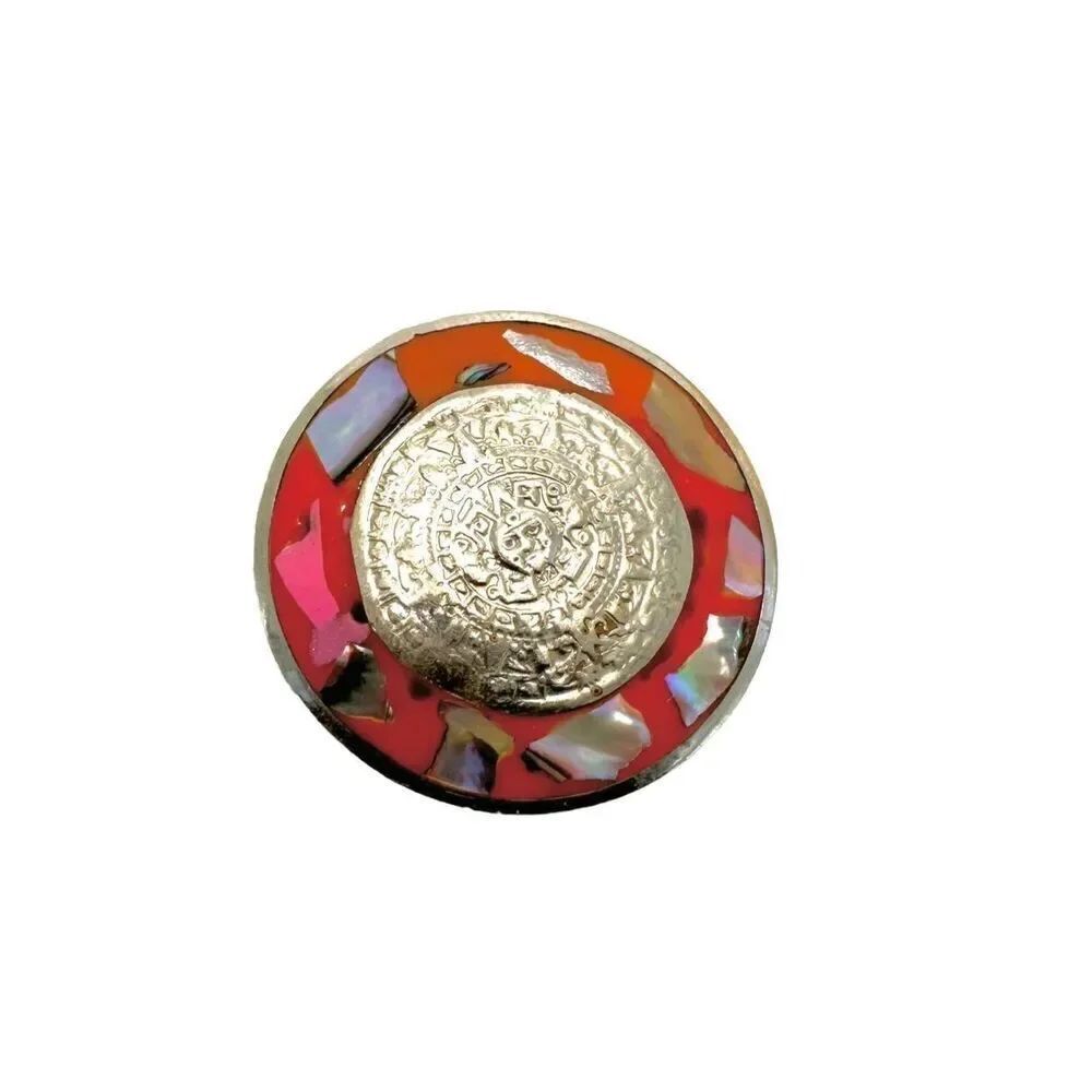 Vintage alpaca silver Aztec calendar brooch/pendant